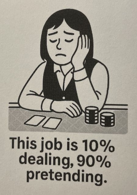 ②	This job is 10% dealing, 90% pretending.